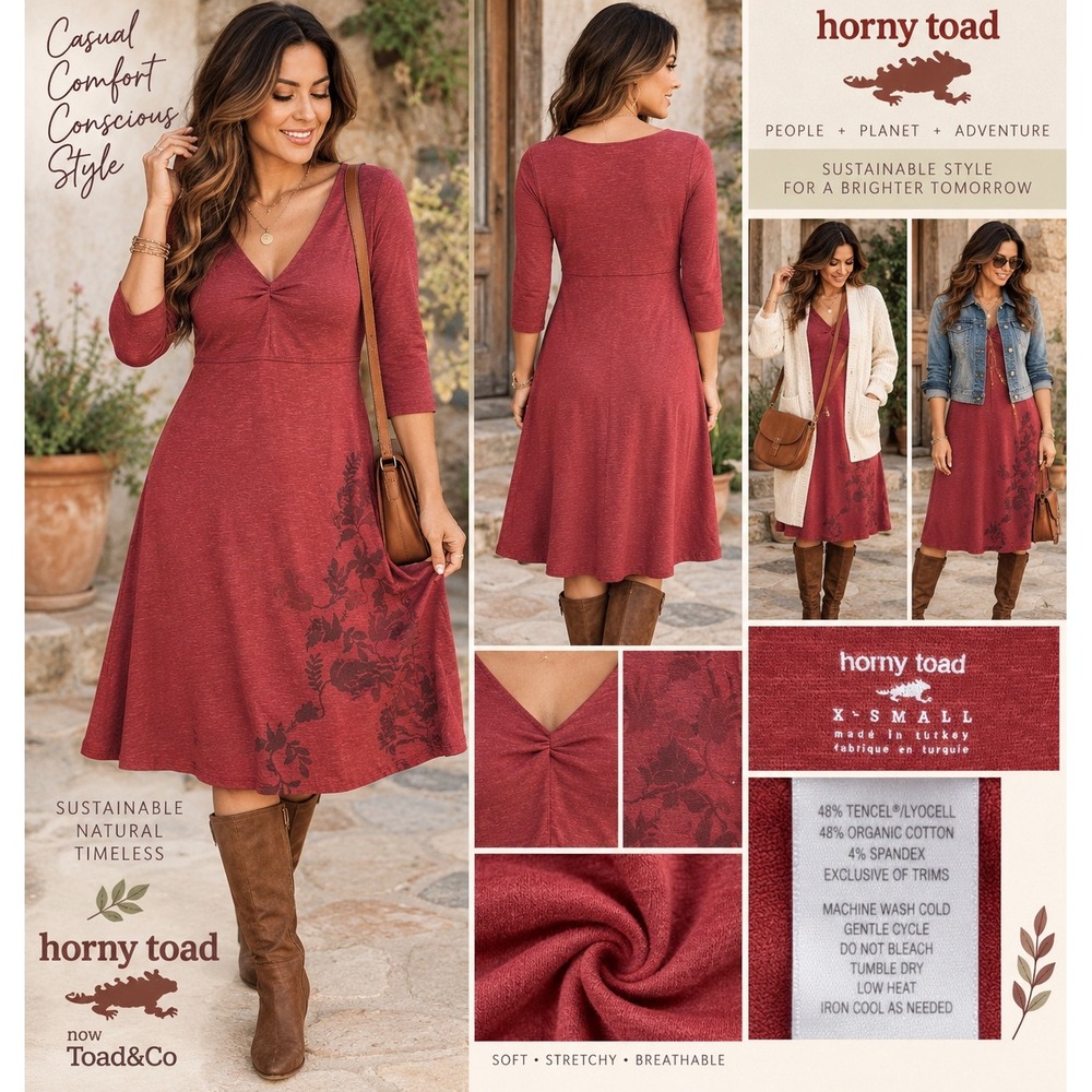Horny Toad Toad&Co XS Red Floral Tencel Organic Cotton A-Line Dress 3/4 Sleeve